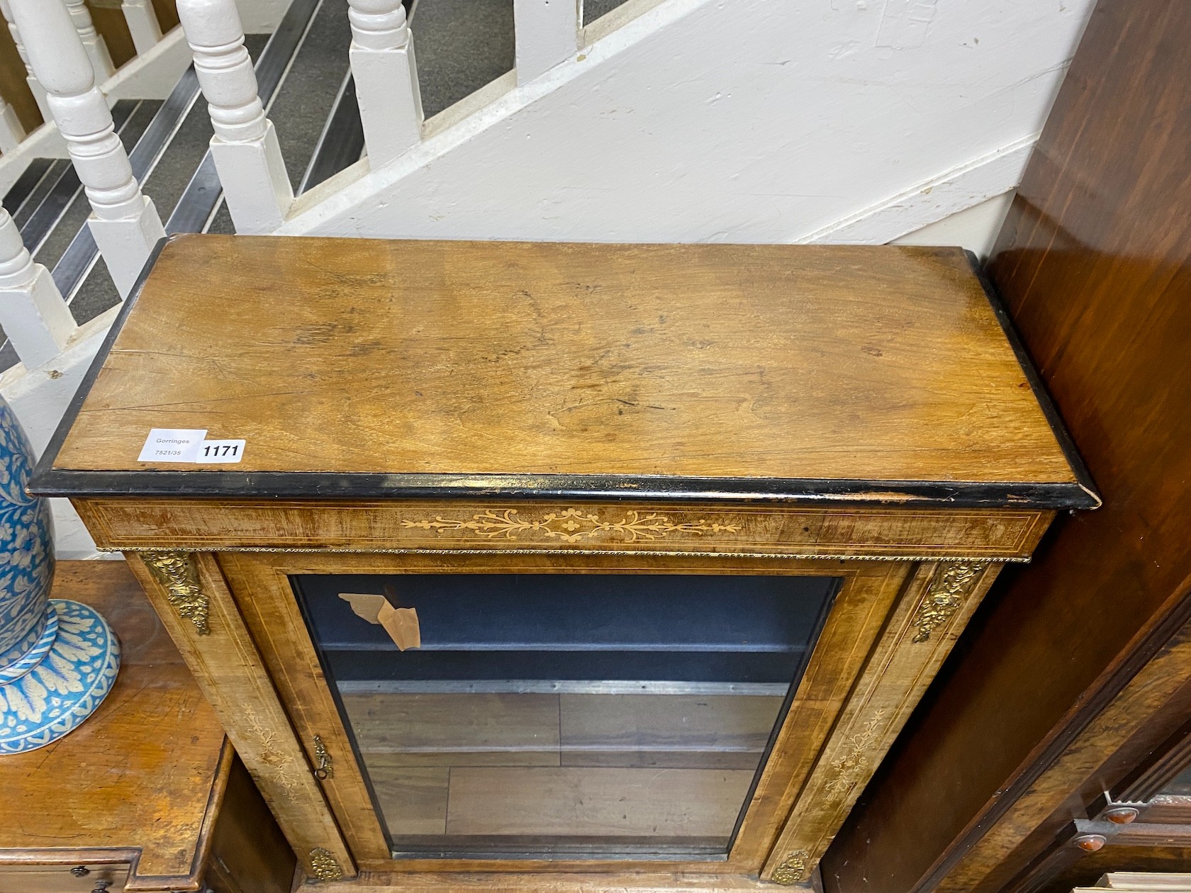 A Victorian marquetry inlaid gilt metal mounted walnut pier cabinet, width 75cm, depth 30cm, height 107cm